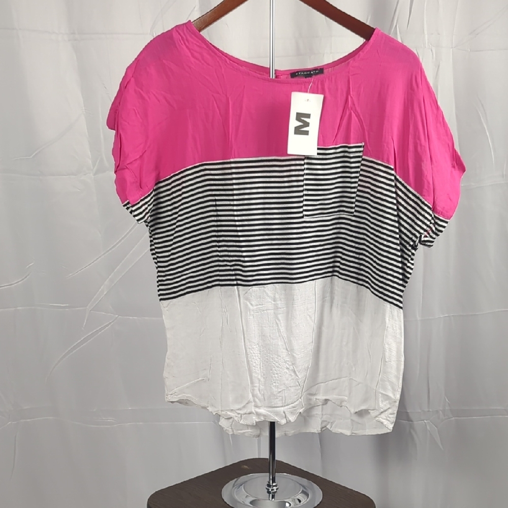 Staccato Fuchsia and Black Striped Short Sleeve Top